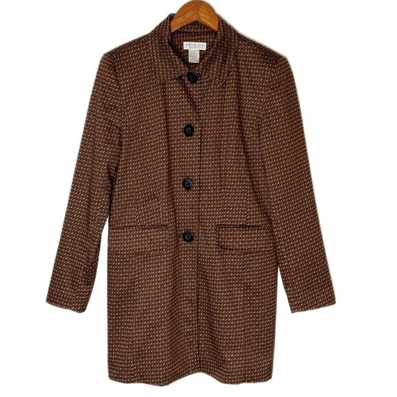 Worthington Women's Black Geometric Print Stretchy Button Up Trench Coat - Picture 1 of 4